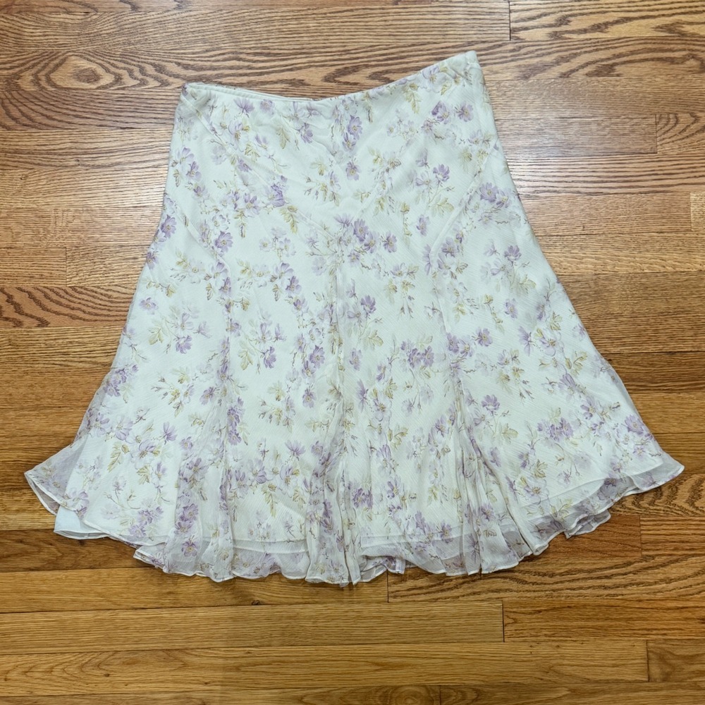 Lauren Ralph Lauren Y2K Silk Chiffon Floral Midi Skirt Size L Cream Purple